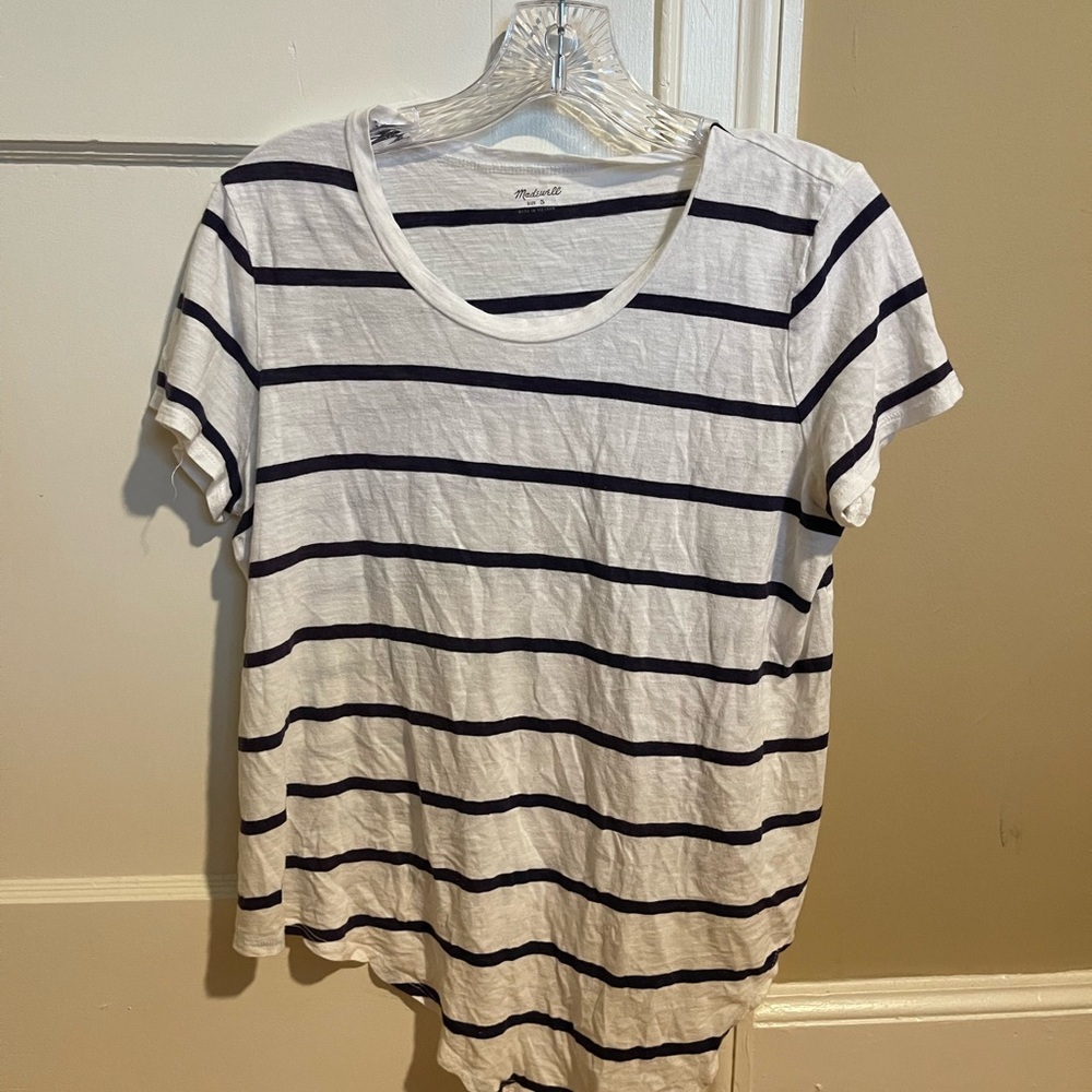 Madewell Women's Striped White and Navy Asymmetrical Top